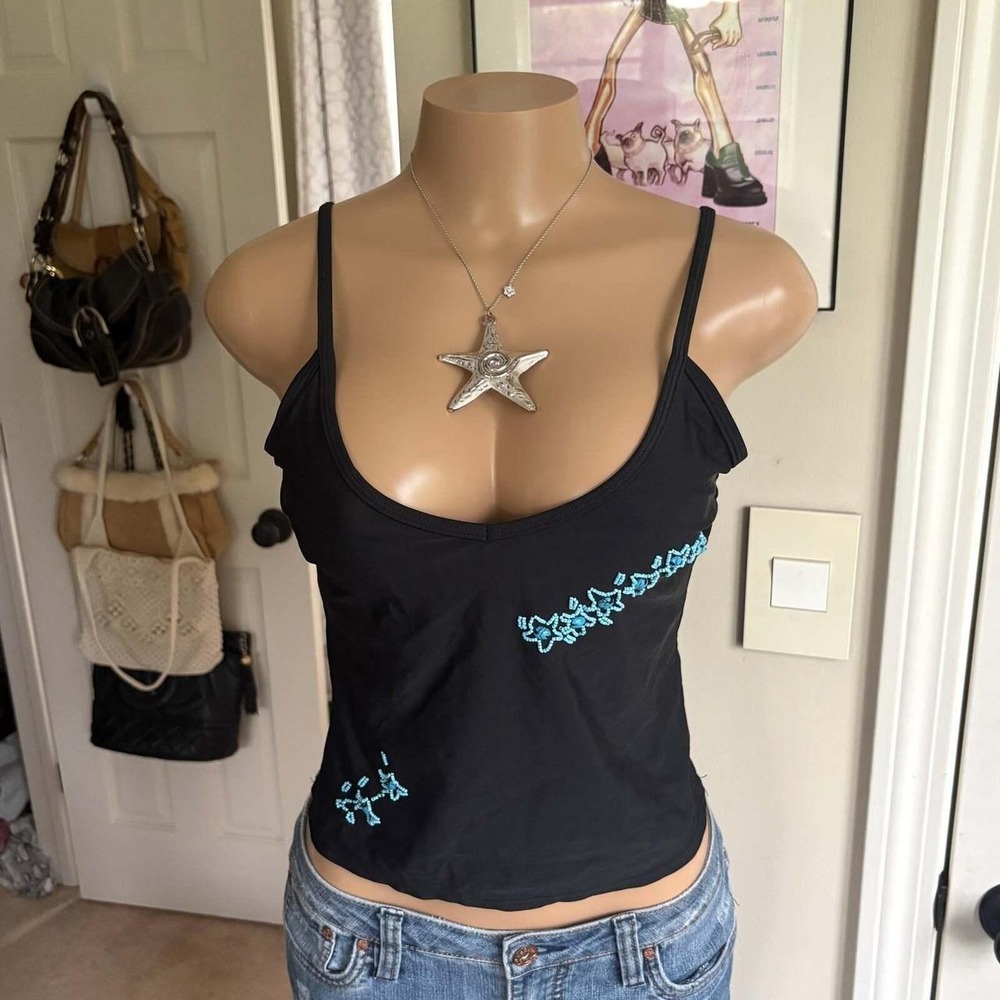 00s black & blue floral beaded tank (size L)